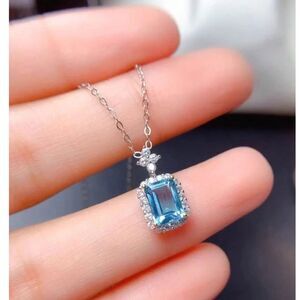 Aquamarine Zirconia Crystal Pendant Necklace Silver Gemstone Blue Charm Adjstble